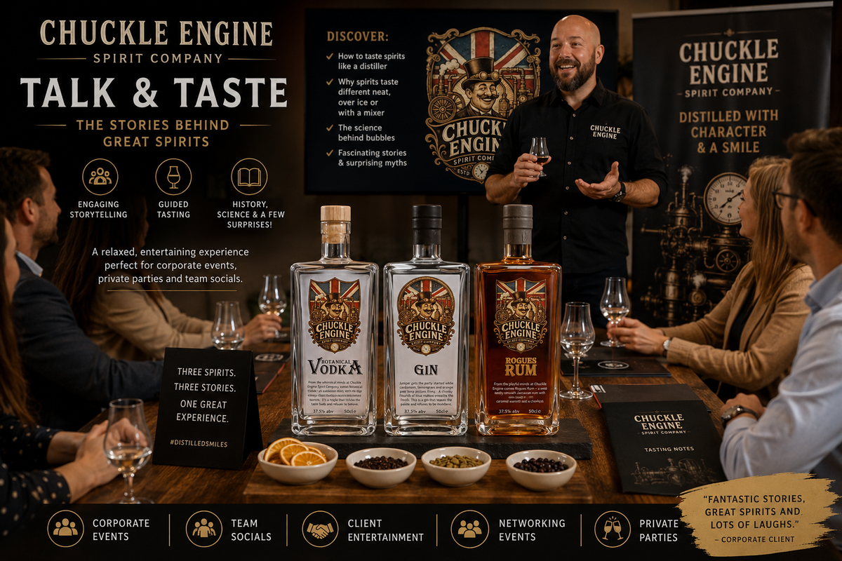 Chuckle Engine Spirit Company Talk & Taste experience — a distiller hosts a guided tasting of Botanical Vodka, Gin and Rogues Rum for a group of corporate guests, with tasting notes, botanicals and glassware on the table