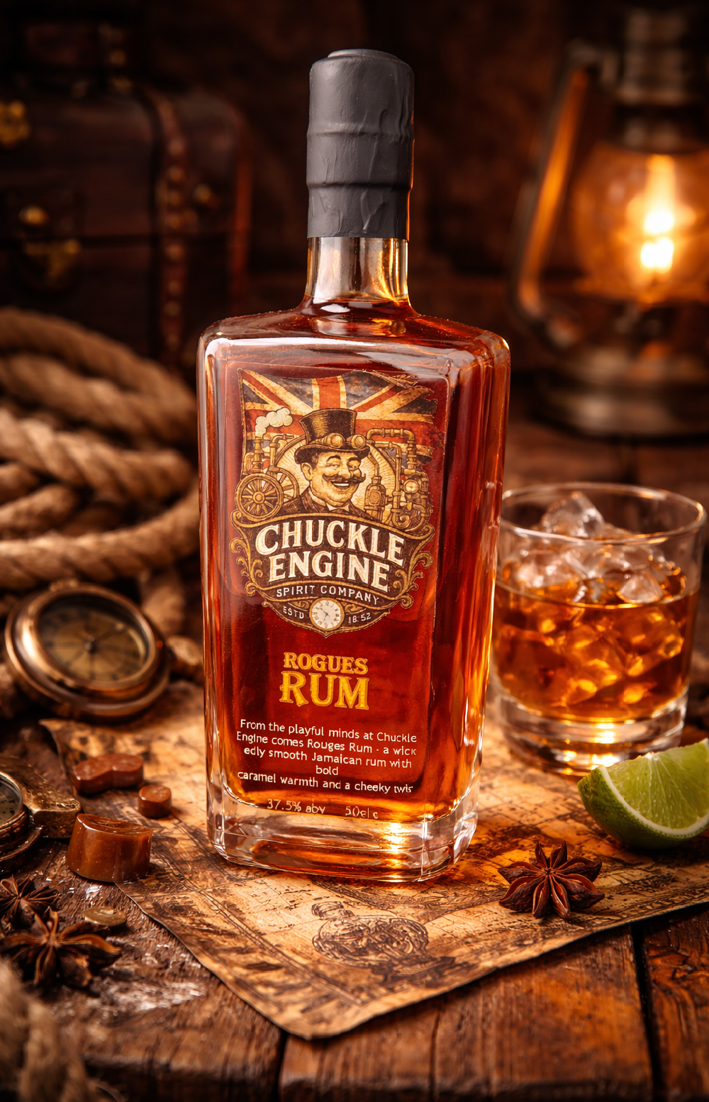 Chuckle Engine Rogues Rum served on a table – craft Caribbean Jamaican dark Rum