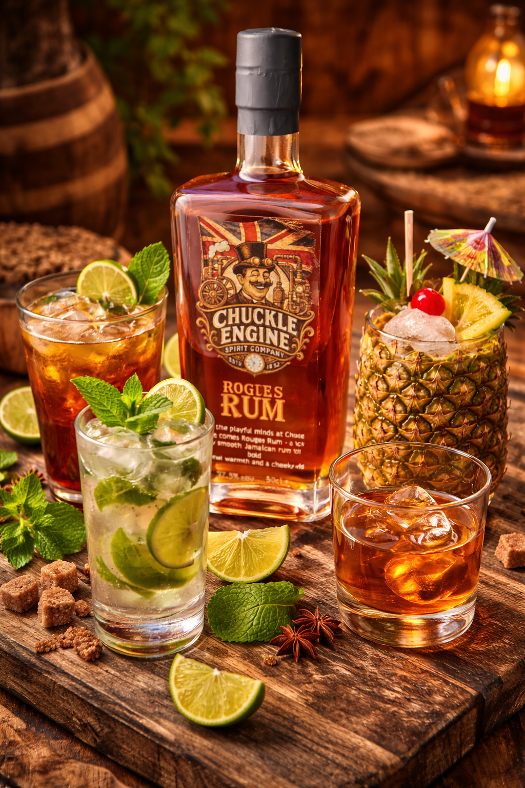 Chuckle Engine Rogues Rum cocktail serve – Caribbean Jamaican dark rum drink