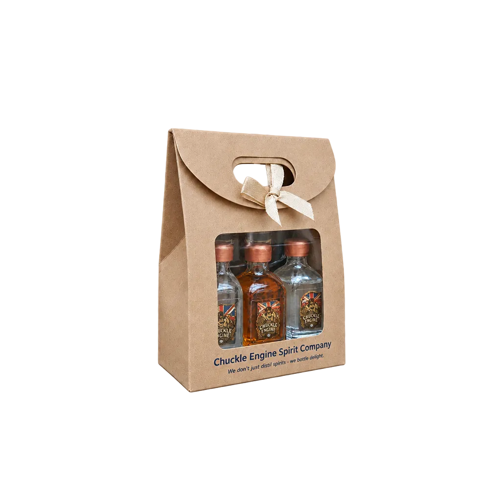 Chuckle Engine gin, rum and botanical vodka miniature gift set with three 5cl craft spirits in a kraft gift bag.